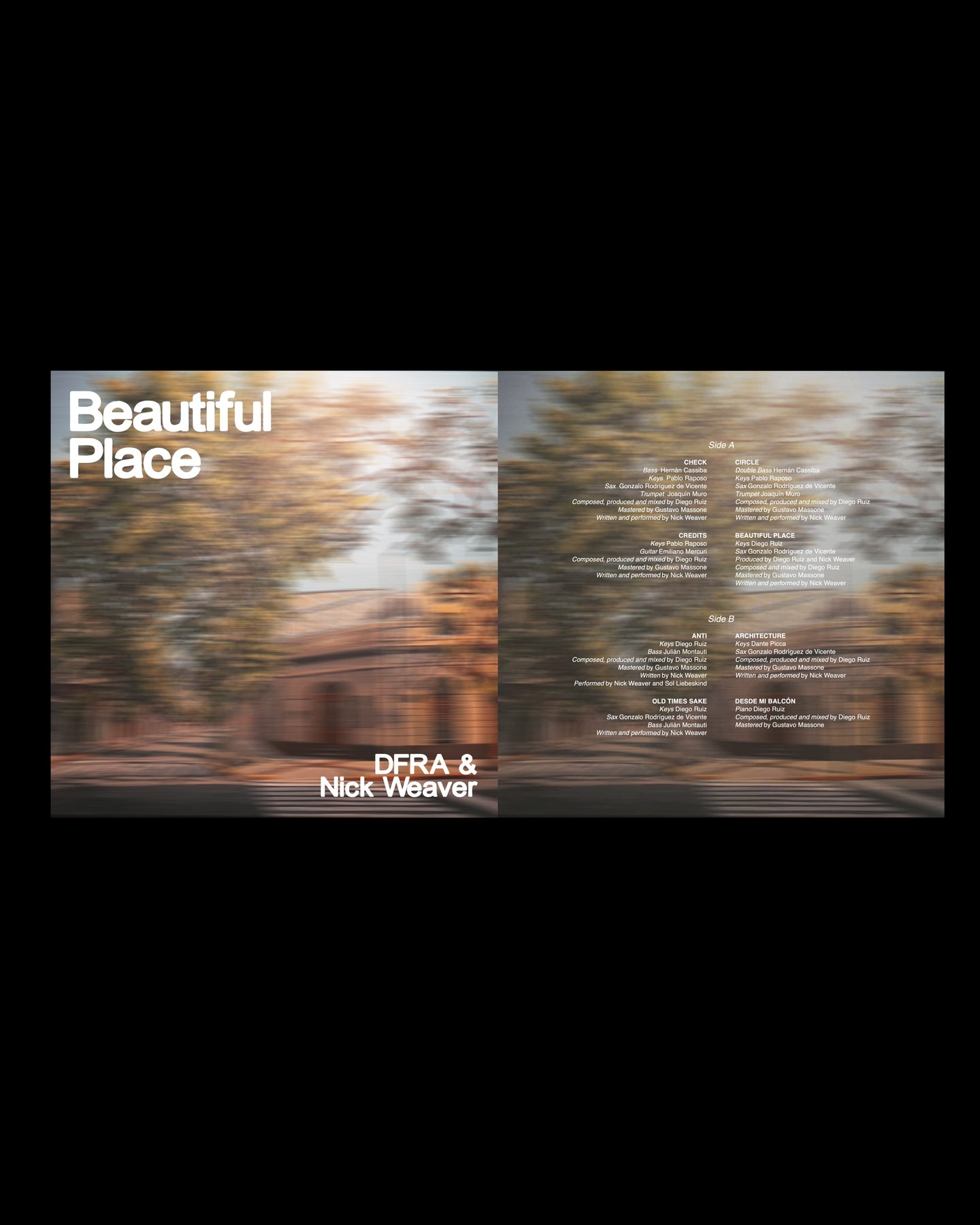 Beautiful Place — mockup del spread completo de tapa, contratapa y vinilos