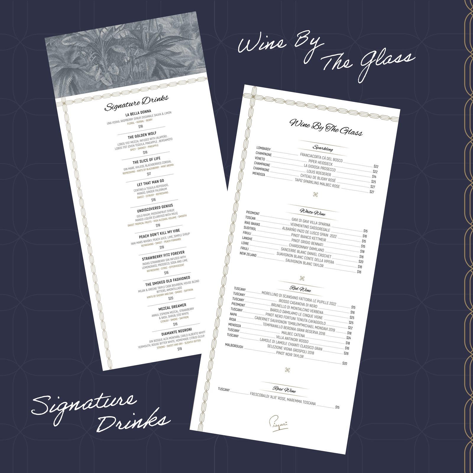 Piegari Ristorante — Menú de tragos y carta de vinos