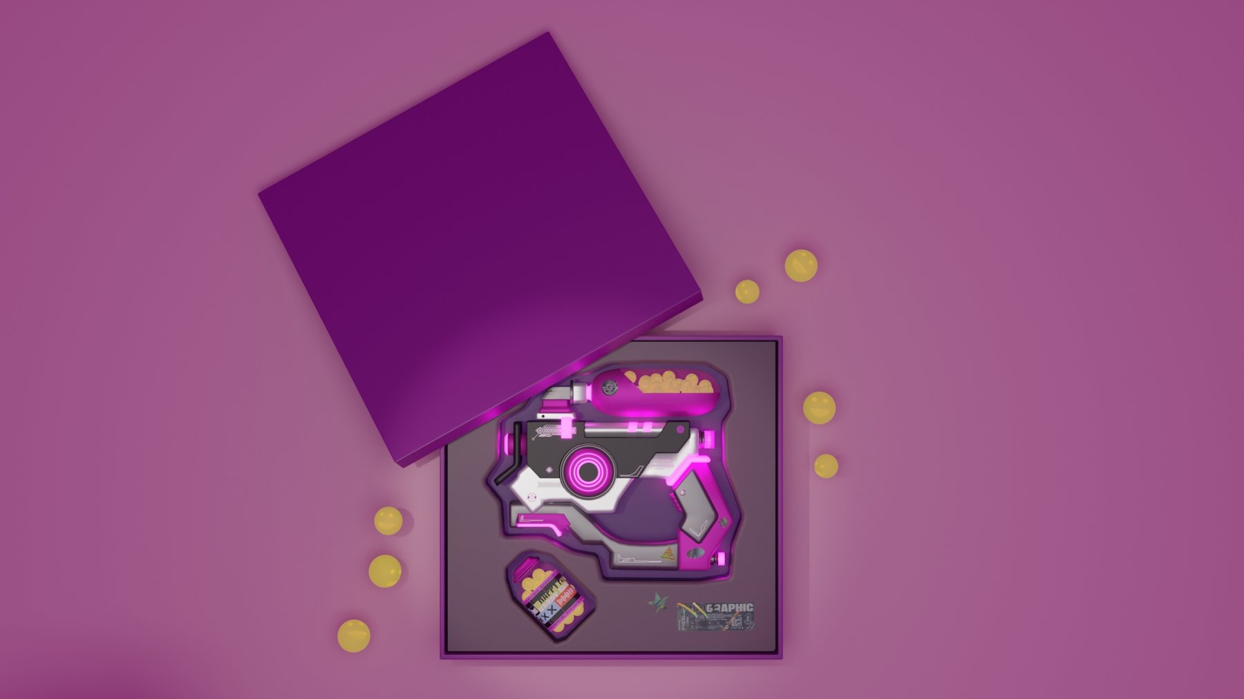 Pistola Cyberpunk — packaging, caja abierta