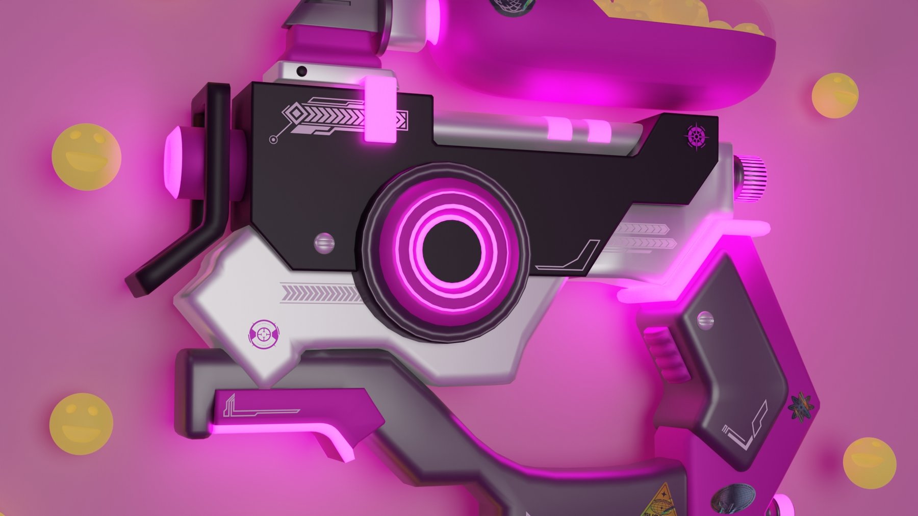 Pistola Cyberpunk — detalle del cañón y gatillo